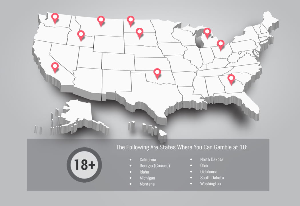 Image showing the states with legal casino gambling for people 18 year of age and older.