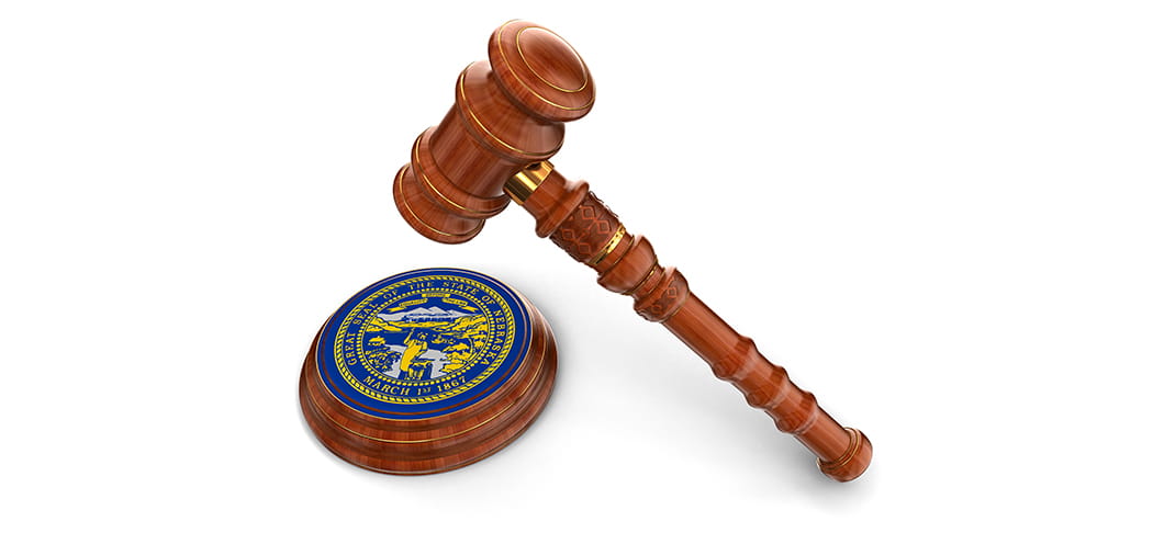 A gavel and the state flag.